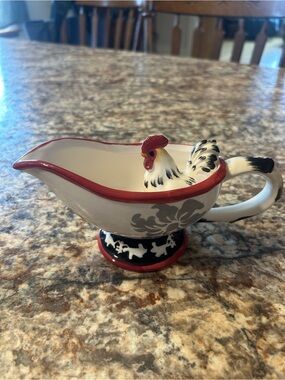 Ceramic Rooster Gravy Boat with Red Trim
